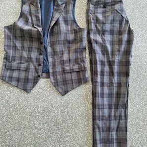 Men's Gray Plaid Suit Vest and Pants